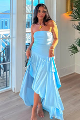 Charming Asymmetrical Strapless Blue Long Prom Dress with Ruffles