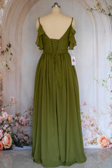 Charming A Line Spaghetti Straps Green Long Prom Dress with Ruffles