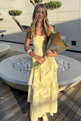 Charming Spaghetti Straps Yellow Long Prom Dress with Ruffles