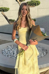 Charming Spaghetti Straps Yellow Long Prom Dress with Ruffles