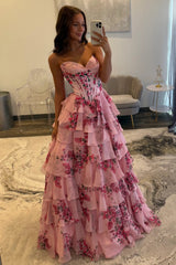 Fairytale Pink Floral Corset Sweetheart Prom Dress with Tiered Skirt And Slit