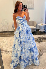 Charming Blue Floral Sweetheart Corset Prom Dress with Layered Ruffle Skirt