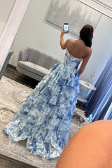 Charming Blue Floral Sweetheart Corset Prom Dress with Layered Ruffle Skirt