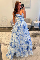 Charming Blue Floral Sweetheart Corset Prom Dress with Layered Ruffle Skirt