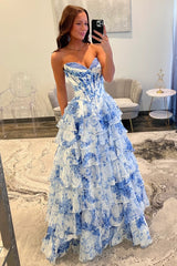 Charming Blue Floral Sweetheart Corset Prom Dress with Layered Ruffle Skirt