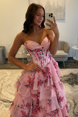Fairytale Pink Floral Corset Sweetheart Prom Dress with Tiered Skirt And Slit