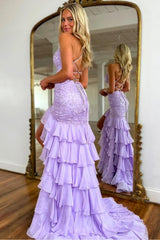 Charming Lilac Mermaid Spaghetti Straps Lace Up Long Prom Dress with Ruffle Skirt