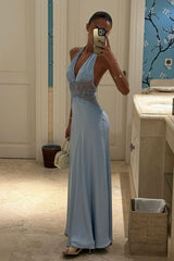 Charming Mermaid Deep V Neck Light Blue Long Prom Dress with Lace