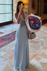 Charming Mermaid Deep V Neck Light Blue Long Prom Dress with Lace