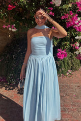 Charming A Line Strapless Blue Long Prom Dress with Scarf