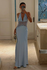 Charming Mermaid Deep V Neck Light Blue Long Prom Dress with Lace