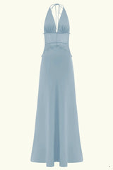 Charming Mermaid Deep V Neck Light Blue Long Prom Dress with Lace