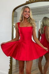 Chic A-Line Square Neck Red Satin Short Homecoming Dress