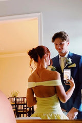 Chic A Line Off the Shoulder Yellow Short Homecoming Dress with Open Back