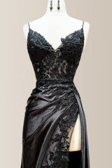 Chic Black Mermaid Spaghetti Straps Lace Up Satin Prom Dress with Appliques