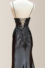 Chic Black Mermaid Spaghetti Straps Lace Up Satin Prom Dress with Appliques