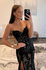 Black Mermaid Prom Gown with Lace-Up Corset Back Strapless Neckline and Sweep Train