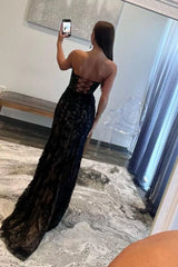Black Mermaid Prom Gown with Lace-Up Corset Back Strapless Neckline and Sweep Train