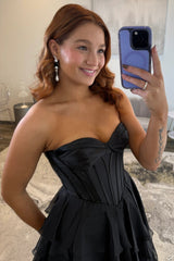 Chic Black Sweetheart Lace Up Corset Prom Gown With Ruffle Skirt