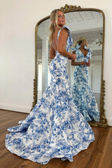 Chic Blue Floral Print Mermaid Prom Dress with Bow Shoulder Straps