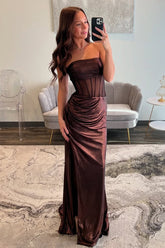 Brown Strapless Mermaid Prom Dress with Long Metallic Silhouette and High Slit
