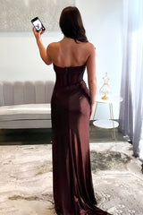 Brown Strapless Mermaid Prom Dress with Long Metallic Silhouette and High Slit