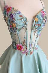 Chic Dusty Blue Spaghetti Strap Prom Dress with Floral Beaded Top and Tiered Hem