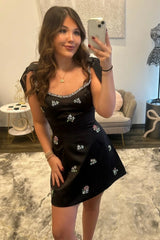 Chic Fit & Flare Homecoming Dress with Rhinestone Floral Embellishments