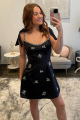 Chic Fit & Flare Homecoming Dress with Rhinestone Floral Embellishments