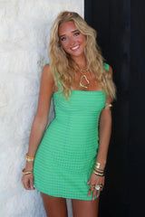Chic Green Square Neckline Homecoming Mini Dress with Textured Fabric