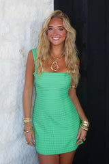 Chic Green Square Neckline Homecoming Mini Dress with Textured Fabric