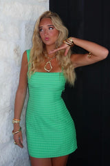 Chic Green Square Neckline Homecoming Mini Dress with Textured Fabric