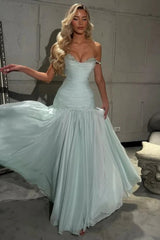 Chic Light Blue Off The Shoulder Evening Dress with Ruched Fit Bodice