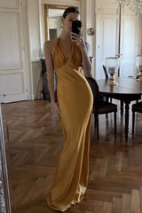 Chic Mermaid Deep V Neck Orange Long Prom Dress with Ruched