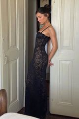 Chic Mermaid Spaghetti Straps Black Lace Long Party Dress