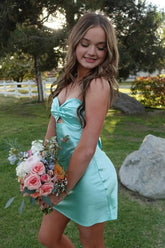 Chic Mint Green Satin Bodycon Short Homecoming Dress with Twist Front