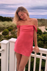 Chic Off-Shoulder Coral Pink Bodycon Short Satin Homecoming Dress