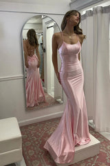 Chic Pink Spaghetti Strap Satin Mermaid Prom Dress with Lace-Up Back