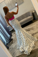 Chic Polka Dot Spaghetti Straps Mermaid Prom Dress with Hot Pink Bow