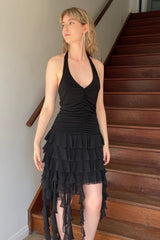 Chic Sheath Halter Neck Black Short Party Dress with Ruffles