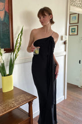 Chic Sheath One Shoulder Black Floor Length Party Dress with Ruffles