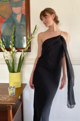 Chic Sheath One Shoulder Black Floor Length Party Dress with Ruffles