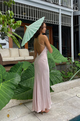 Chic Sheath Spaghetti Straps Light Pink Long Party Dress with Backless