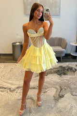 Chic Yellow Corset Bodice Ruffled Tulle Homecoming Dress with Sparkling Details