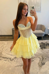 Chic Yellow Corset Bodice Ruffled Tulle Homecoming Dress with Sparkling Details