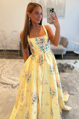 Chic Yellow Floral Square Pearls Trim Neck Prom Dress With Open Back