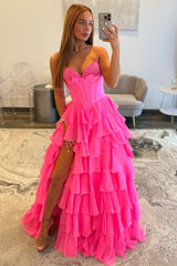 Chic Hot Pink Sweetheart A-Line Prom Gown With Tiered Ruffles and Corset Bodice