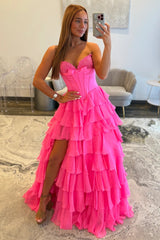 Chic Hot Pink Sweetheart A-Line Prom Gown With Tiered Ruffles and Corset Bodice