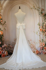 Chic Spaghetti Straps Mermaid Chapel Train Satin Wedding Dress with Bowknot