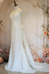 Chic Spaghetti Straps Mermaid Chapel Train Satin Wedding Dress with Bowknot